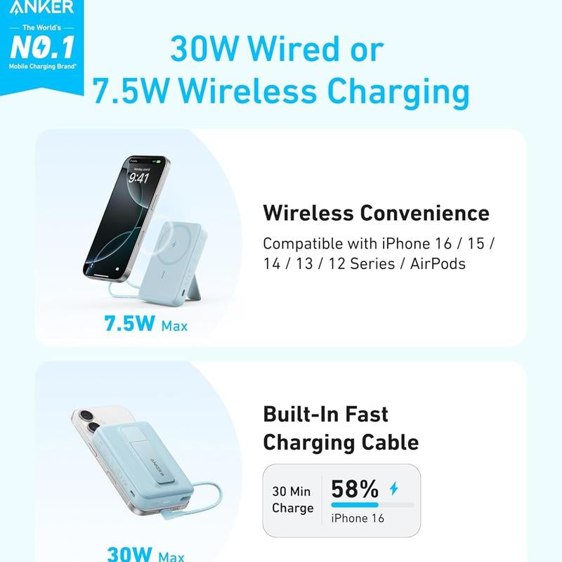 Anker Zolo Magnetic Power Bank, 10,000Mah Wireless Battery Pack with 30W Fast Charging, Built-In USB-C Cable and Adjustable Stand