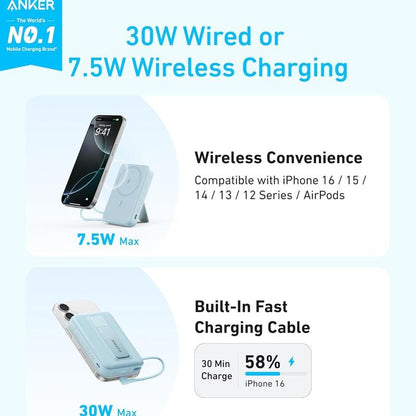 Anker Zolo Magnetic Power Bank, 10,000Mah Wireless Battery Pack with 30W Fast Charging, Built-In USB-C Cable and Adjustable Stand